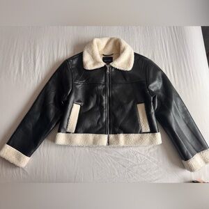 New Look Black Leather Jacket with Cream Accents